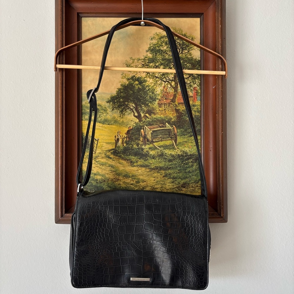 Black Croc-Embossed Shoulder Bag
